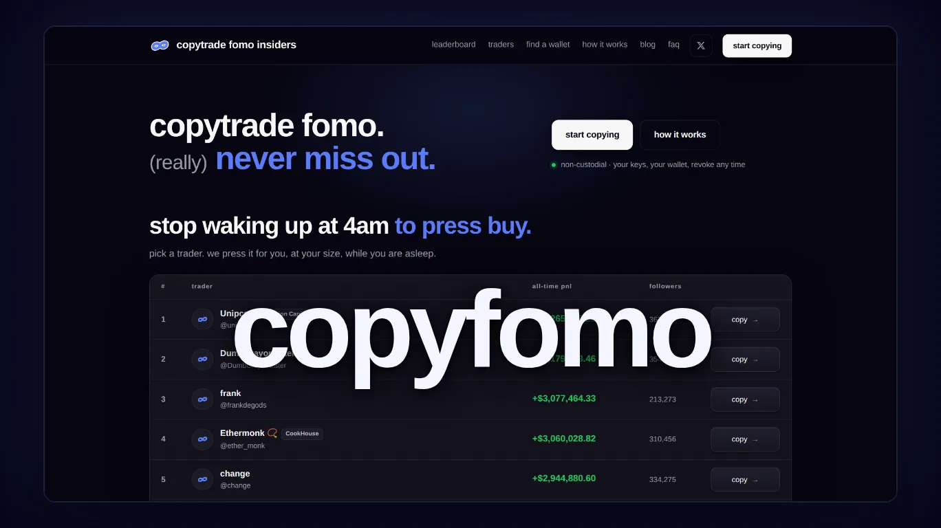 CopyFOMO Review (2026) | Automatic Copy Trading for the FOMO App Logo